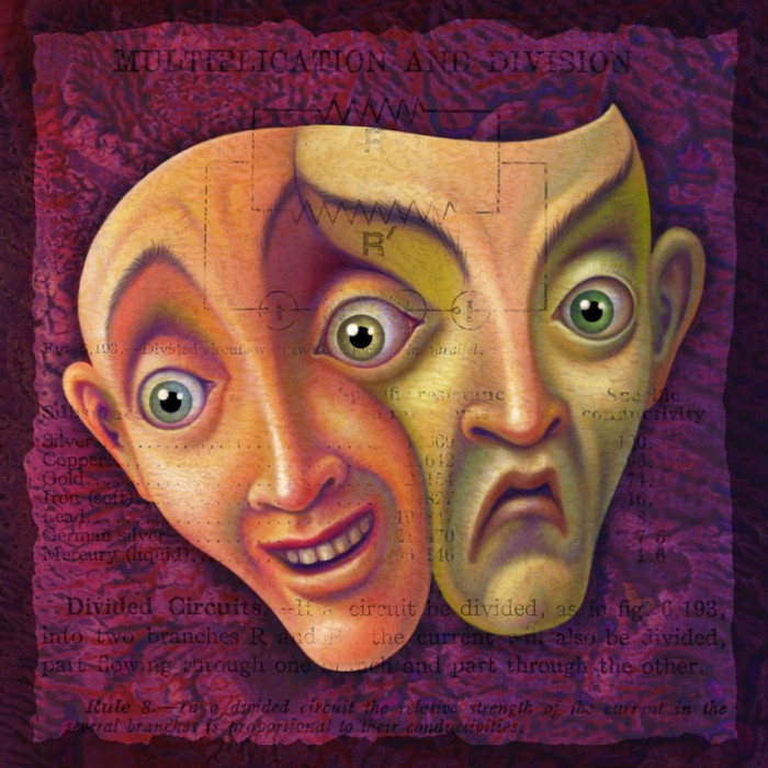 Mister Duality--digital art Photoshop painting of split personality heads by Leah Palmer Preiss