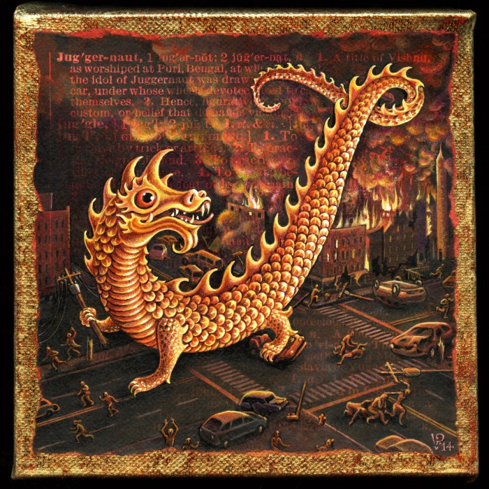 Juggernaut, original acrylic painting on canvas by Leah Palmer Preiss. Golden dragon attacking city