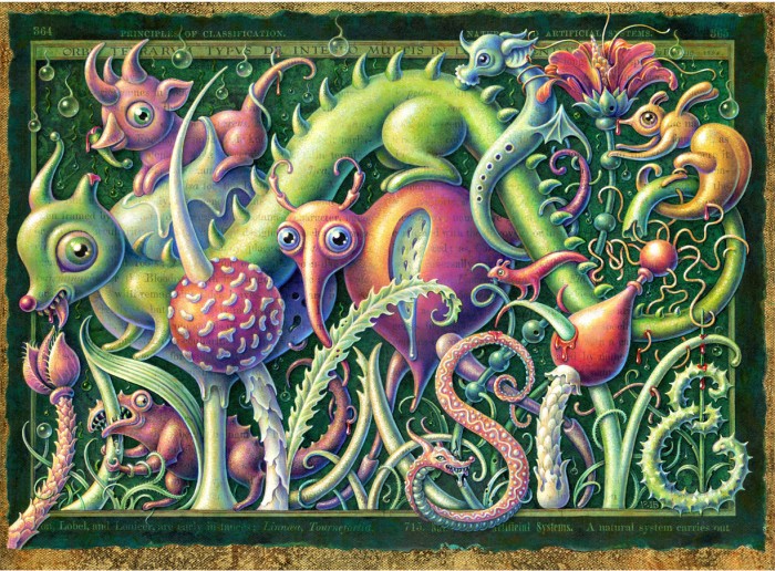 Invasive, Acrylic painting by Leah Palmer Preiss of creepy-cute monsters in a fantasy landscape setting. Pop surrealism art style.