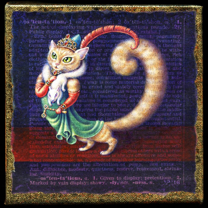 Ostentatious: acrylic cat painting by Leah Palmer Preiss. A cat dressed to excess in red carpet finery.