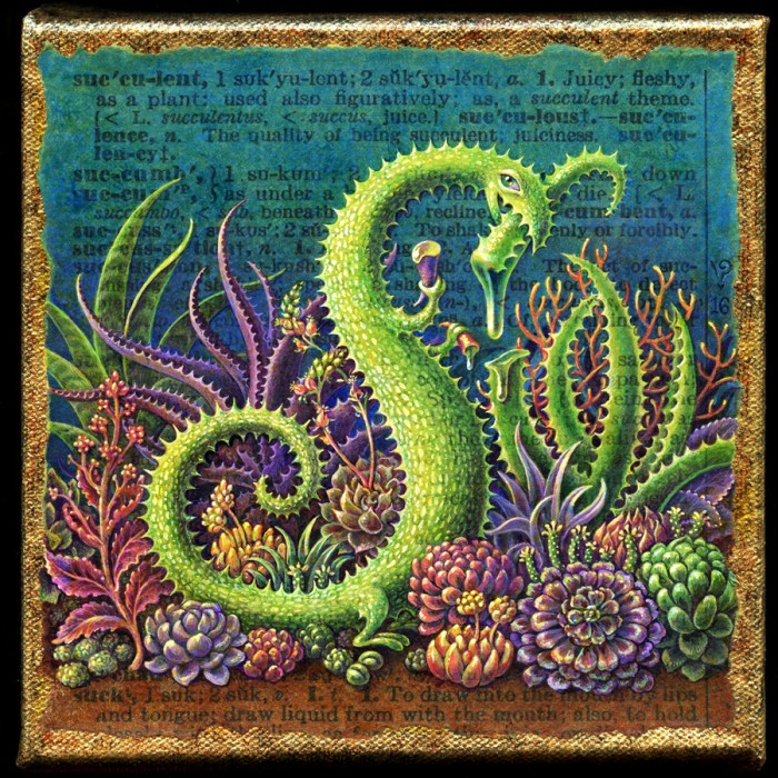 Succulent: Acrylic painting by Leah Palmer Preiss of a green monster resembling an aloe plant in a succulent garden