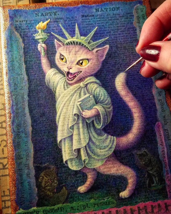 acrylic painting in progress by Leah Palmer Preiss. Pink cat dressed as lady liberty.. Pussy grabs back, women's march