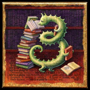 Acrylic painting by Leah Palmer Preiss of a bookworm with favorite books