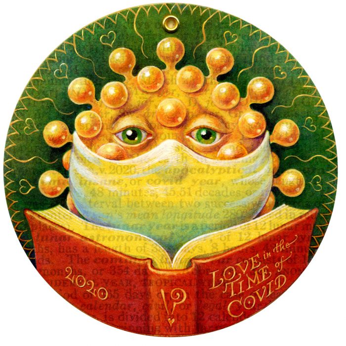 A masked coronavirus reading a book entitled Love in the Time of Covid, illustration by Leah Palmer Preiss