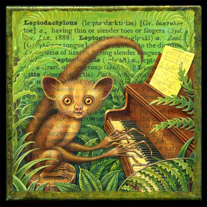 Acrylic painting by Leah Palmer Preiss depicting an aye-aye playing the piano amid tropical foliage