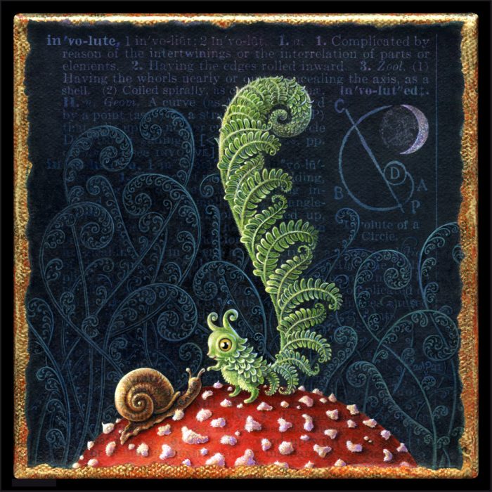 Acrylic painting by Leah Palmer Preiss: A curious curly fiddlehead fern-creature greets a snail atop a magic mushroom. 