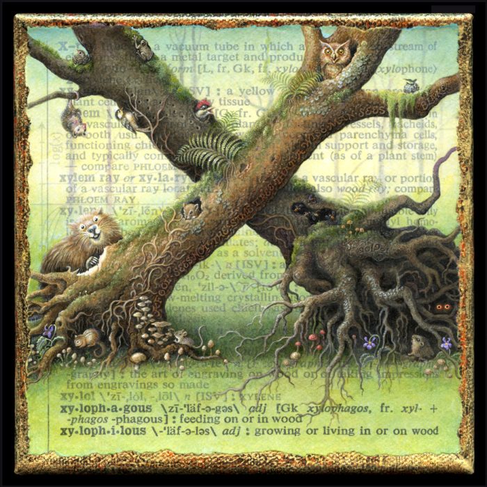 Nature art painting by Leah Palmer Preiss, Xylophilous: Tree wildlife-- beaver, chipmunk, owl, woodpecker & other birds, mushrooms, ferns on crossed tree trunks