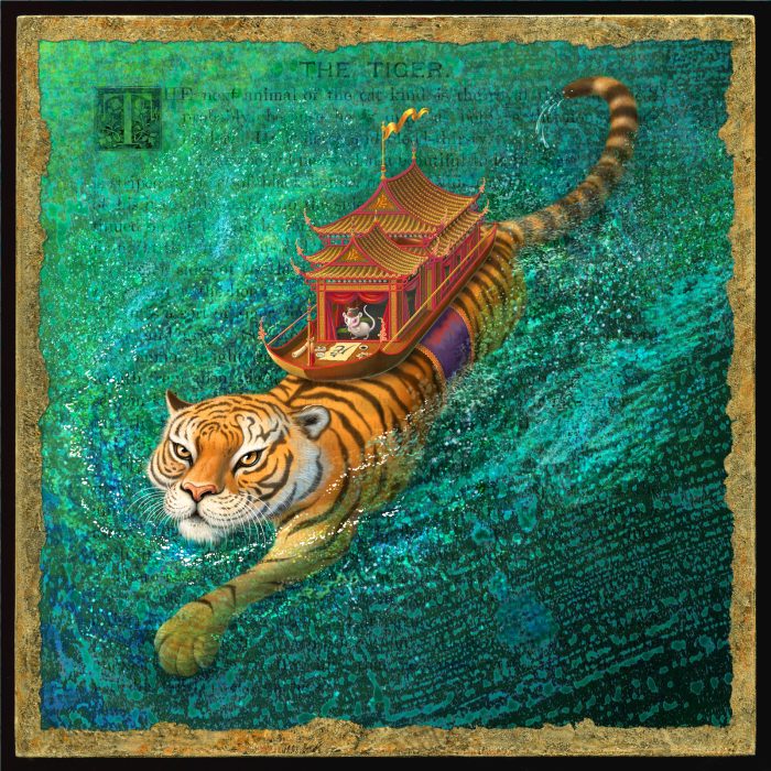 Acrylic painting by Leah Palmer Preiss depicting a tiger swimming in rough water