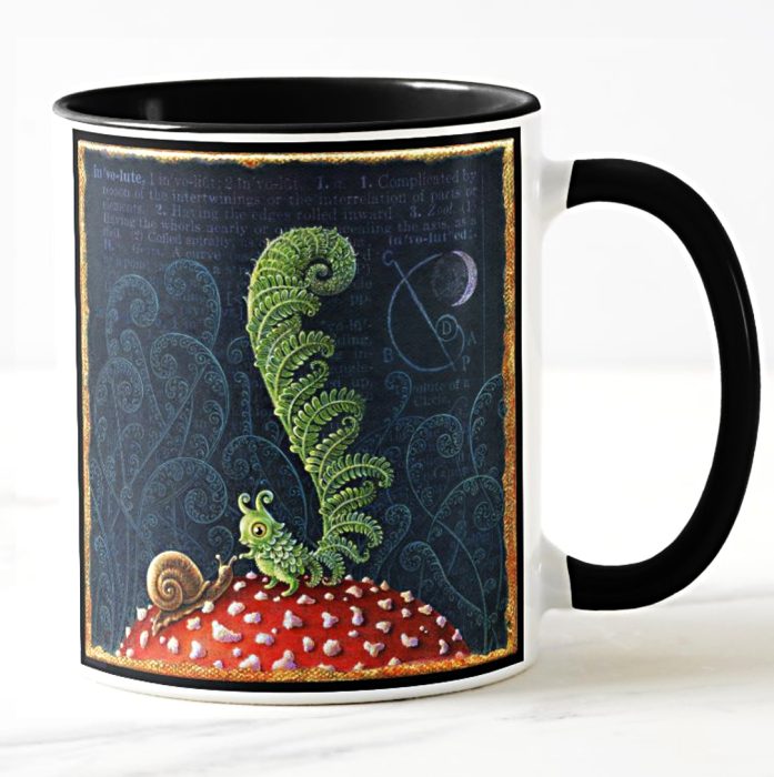 A mug with an illustration of a fern creature  & snail on a mushroom