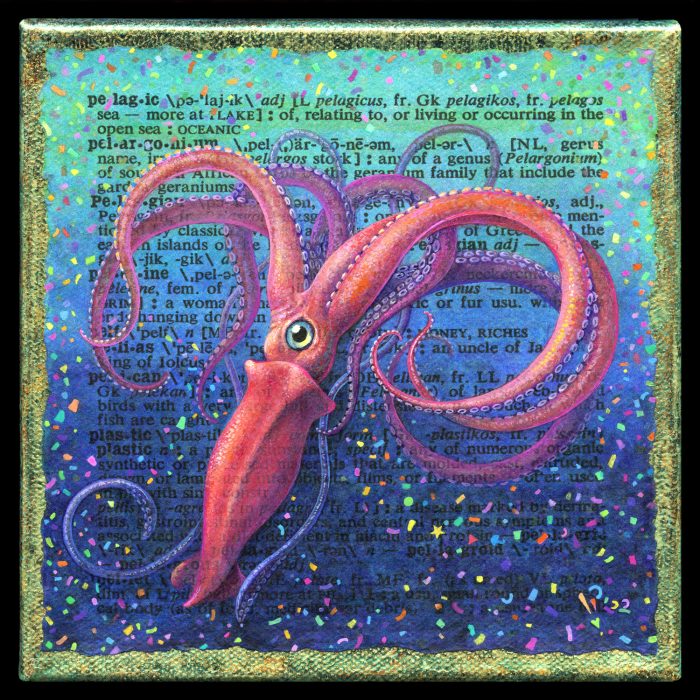 Acrylic Painting by Leah Palmer Preiss of a giant squid battling plastic
