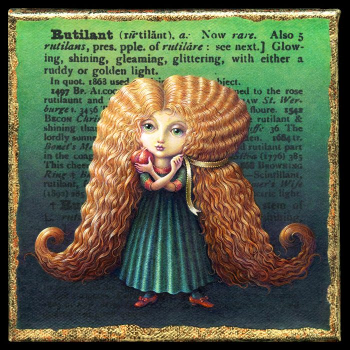 Acrylic painting by Leah Palmer Preiss depicting a girl with long red hair against a green background