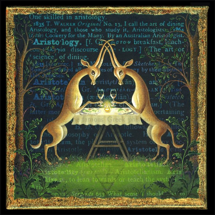Aristology, an acrylic painting by Leah Palmer Preiss of two antelopes toasting one another at a dining table by candlelight.