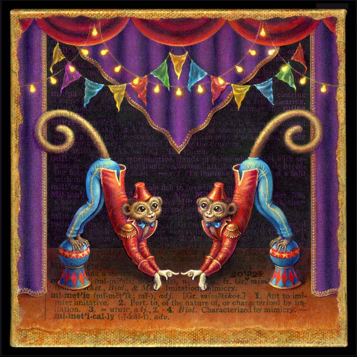 Acrylic painting by Leah Palmer Preiss depicting two circus monkeys forming the letter M for Mimetic